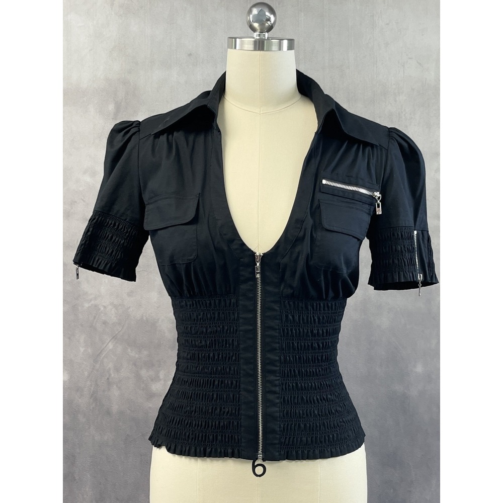 Y2K Bebe Women Zip Up Smocked Waist Top Size S Stretch Edgy Indie Going Out Moto